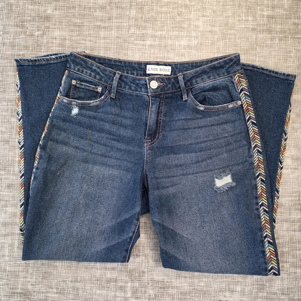 Knox Rose Mid-Rise Straight Leg Boyfriend Jeans w/ Embroidered Side Trim Size 6
